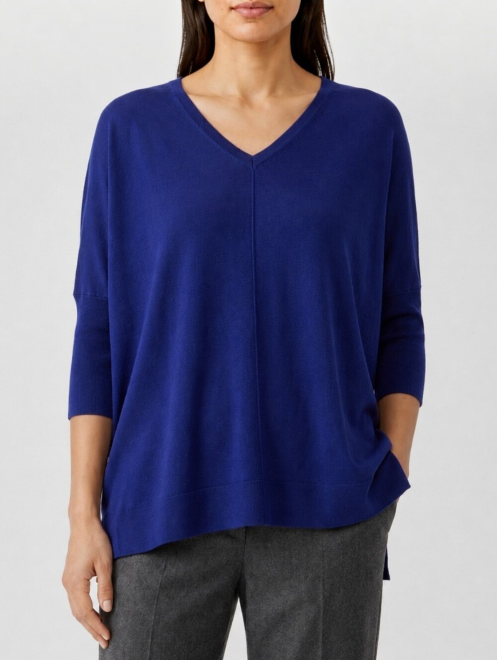 Eileen Fisher Royal Blue 100% Merino Wool V Neck Boxy Oversized Dolman Sweater S